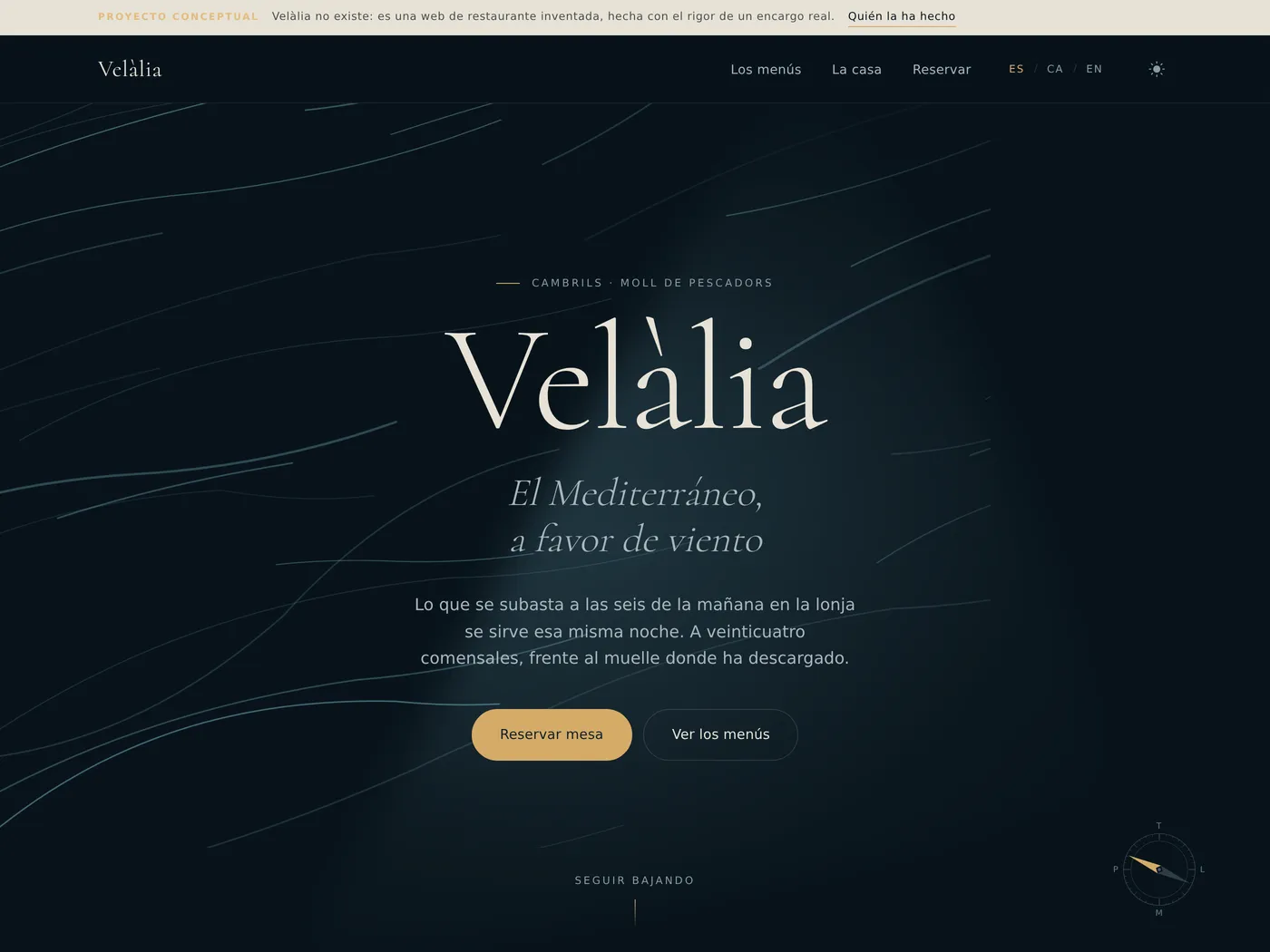 Portada de Velàlia en modo oscuro: el nombre en tipografía romana sobre un campo de viento dibujado en azul noche, con los botones de reservar mesa y ver los menús.